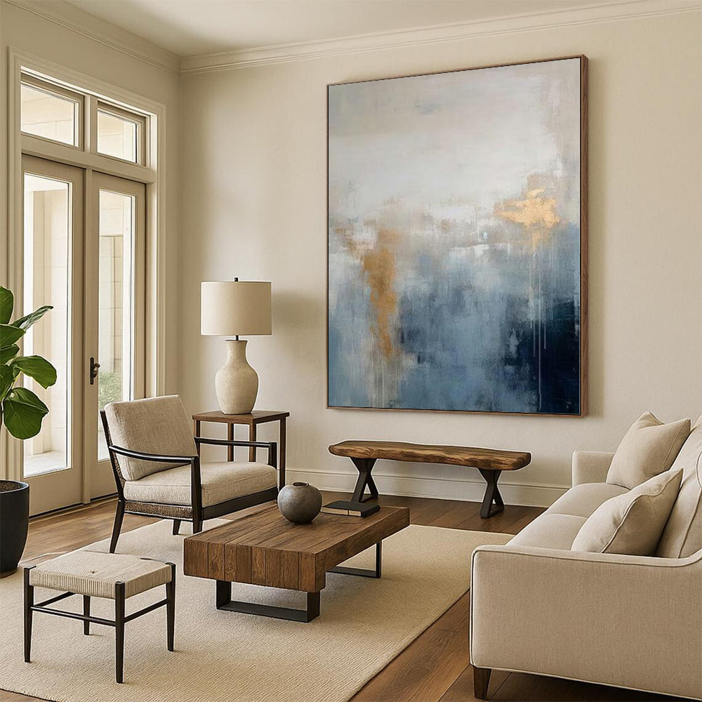 “Gold - Accented Blue - Grey Abstract with Subtle Drips” - Expressive Abstract Painting On Canvas PS0250