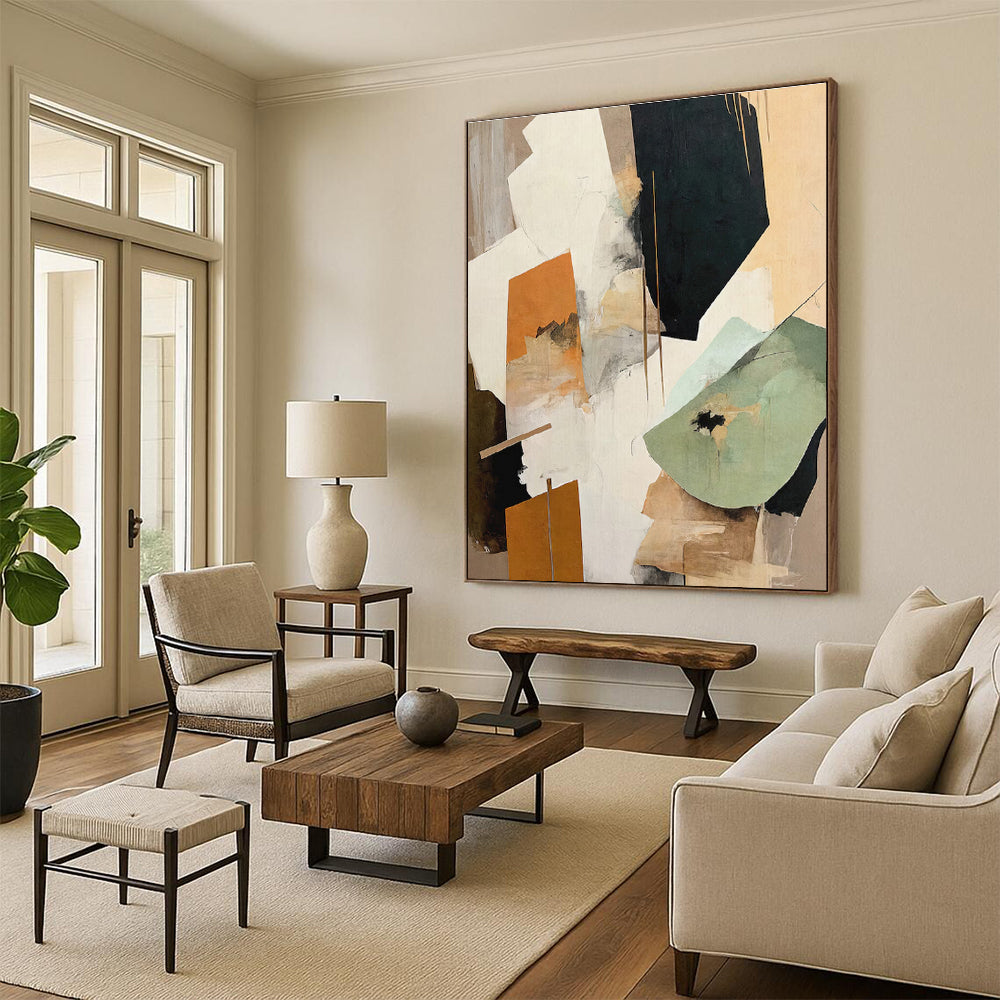 “Orange & Green Abstract Collage” - Orange, Green, Gray, White Abstract Mixed - Media Painting On Canvas PS0756