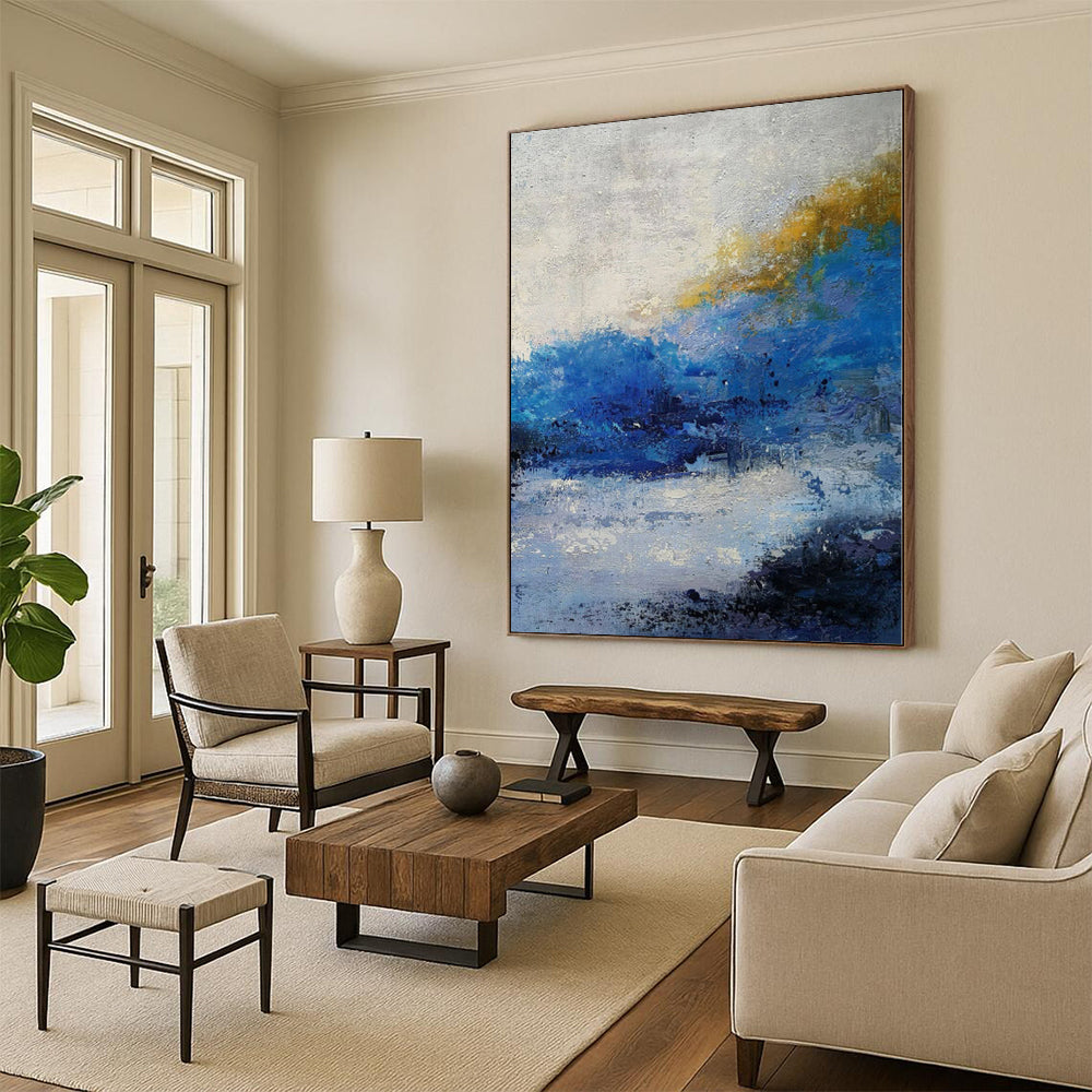 “Blue - Yellow Abstract Coastal Light” - Vivid Seascape Painting On Canvas PS0370