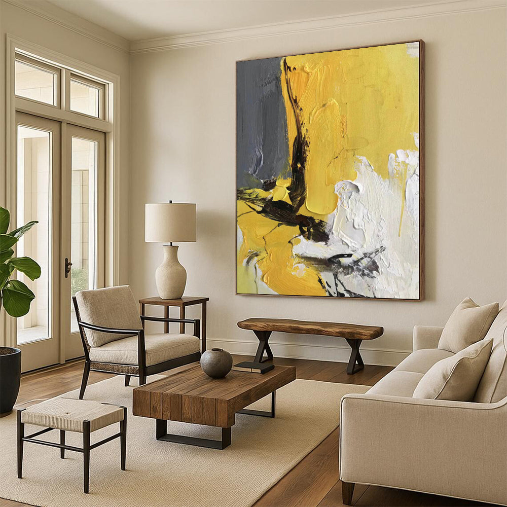 “Yellow - Grey Abstract Textures” - Contemporary Abstract Painting On Canvas PS0295