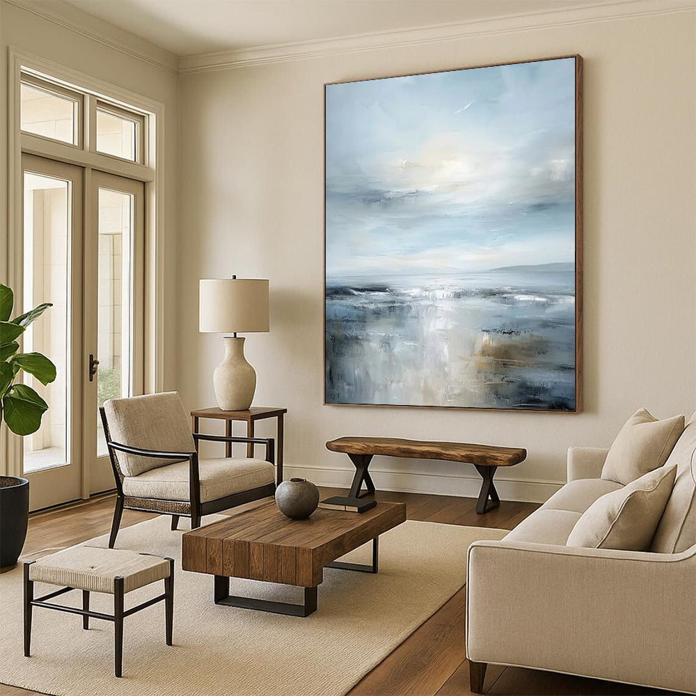 Soft Blue - Gray Calm Seascape Impressionistic Landscape Painting On Canvas DS059