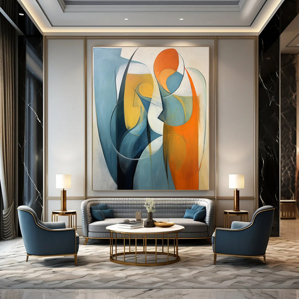“Blue - Orange Abstract Figures” - Cubist Abstract Painting On Canvas PS0188