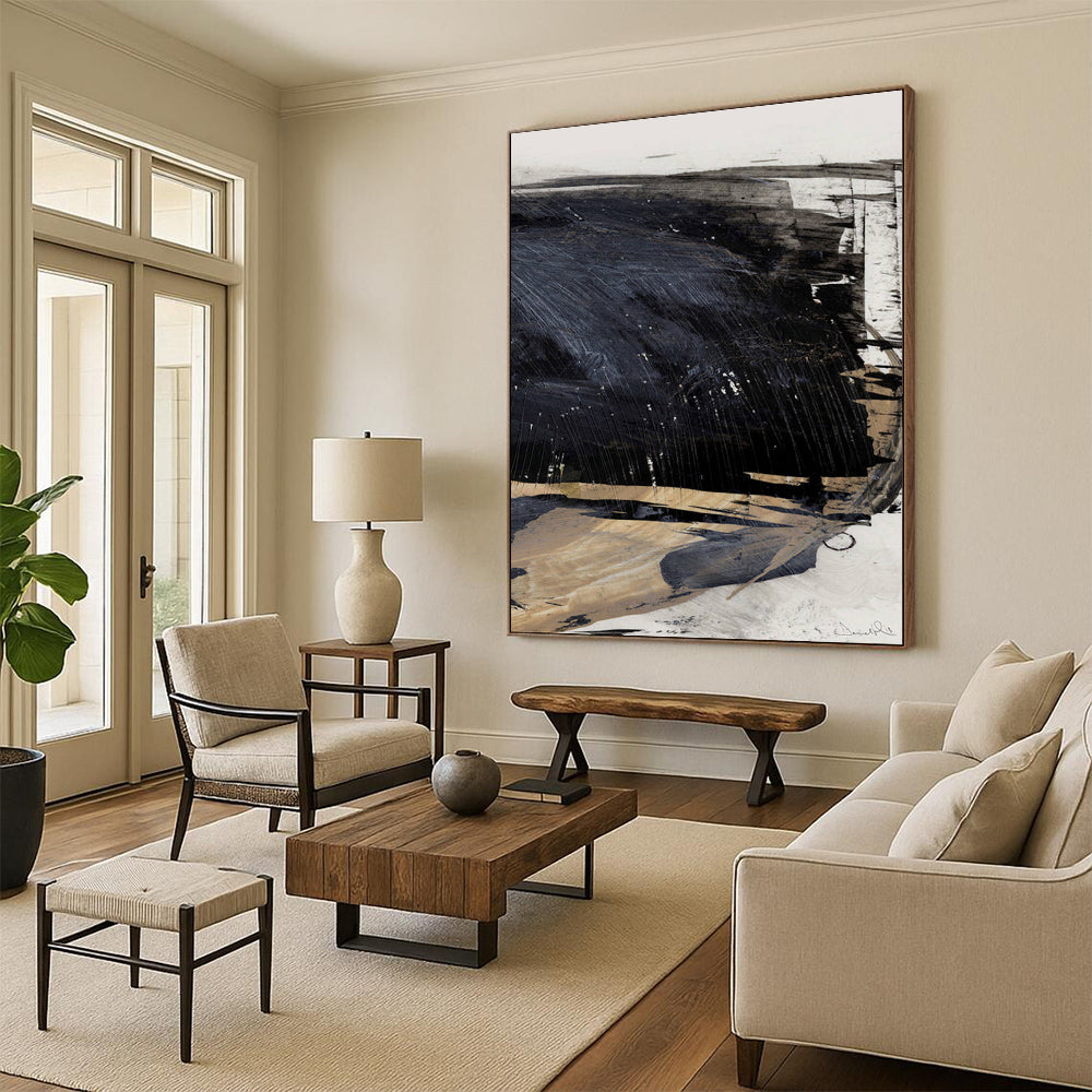 “Monochrome Depth” - Dark Gray & Light Beige Contrast Painting On Canvas DS202