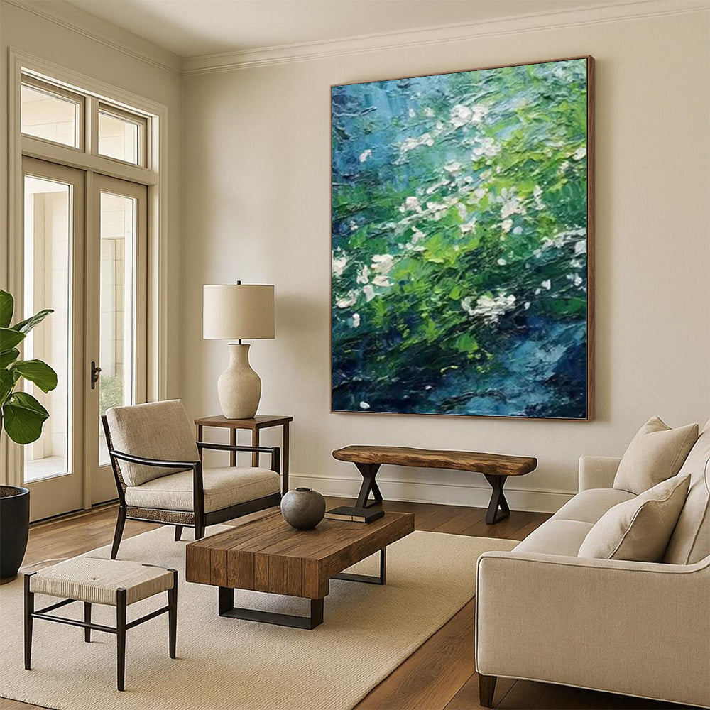 “Green - Blue Floral Impasto” - Impressionist - Inspired Nature Painting On Canvas PT1404