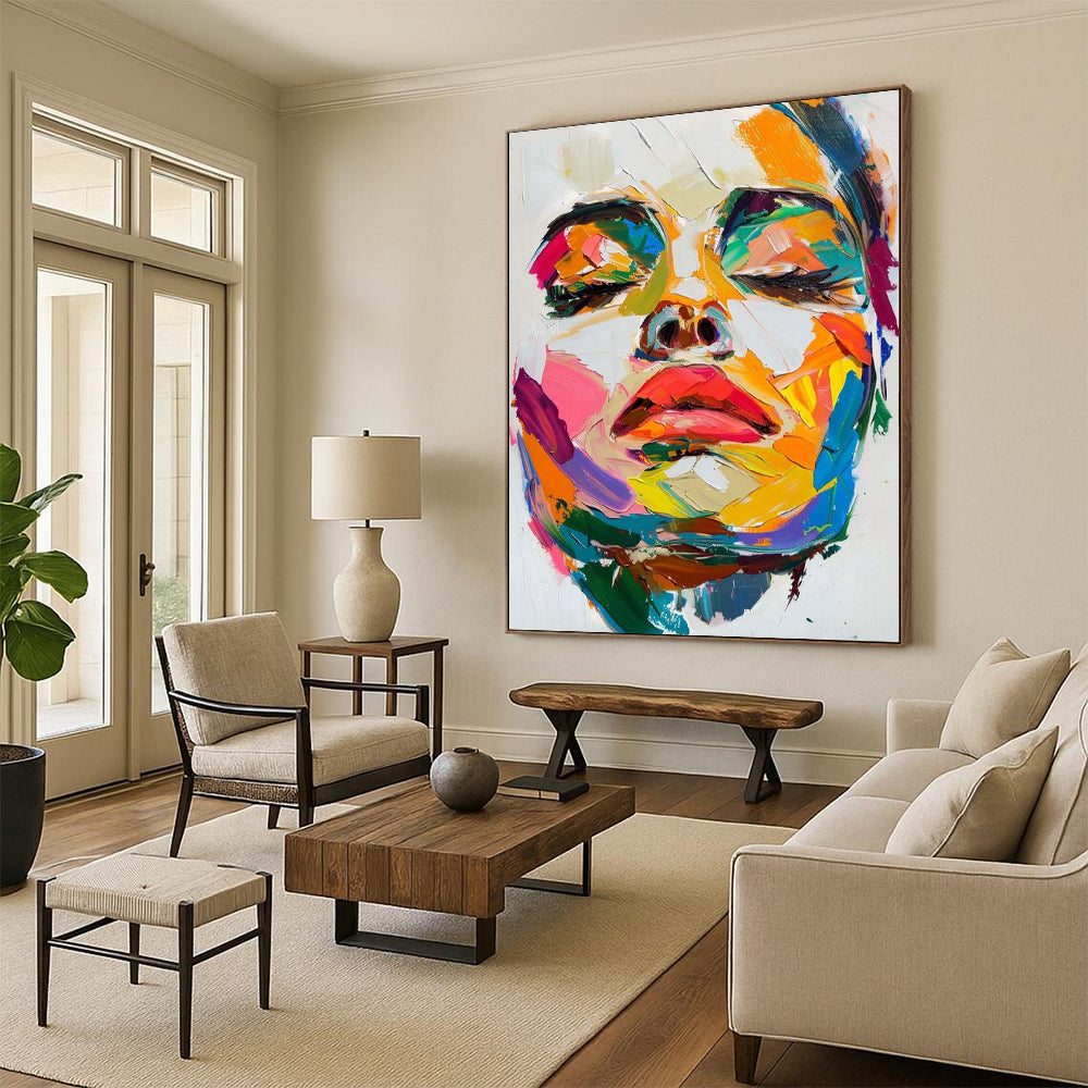 Colorful Abstract Face Close - Up Textured Painting On Canvas DS090