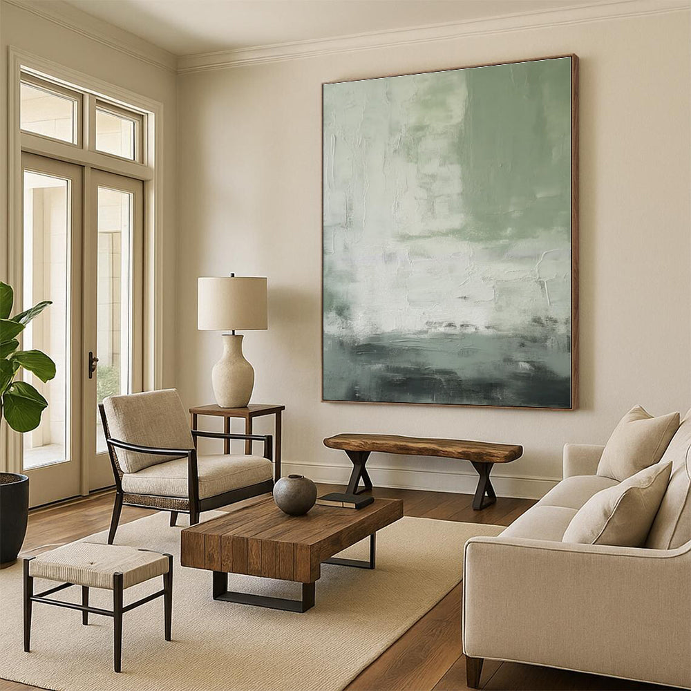 “Green - Gray - White Textured Abstraction” - Green, Gray, White Abstract Painting On Canvas PS0523