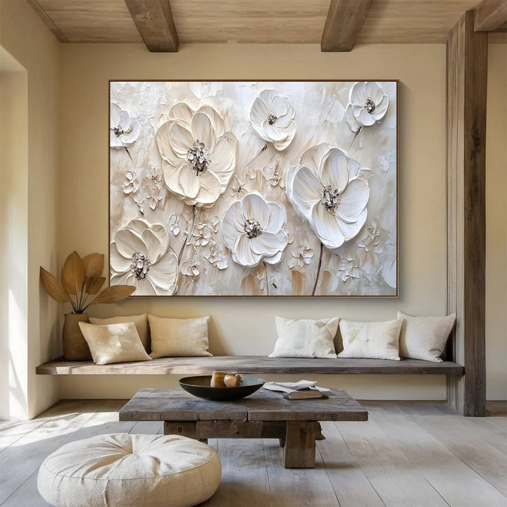 “Textured White Flowers on Beige” - Impasto Floral - Painting On Canvas PT1769