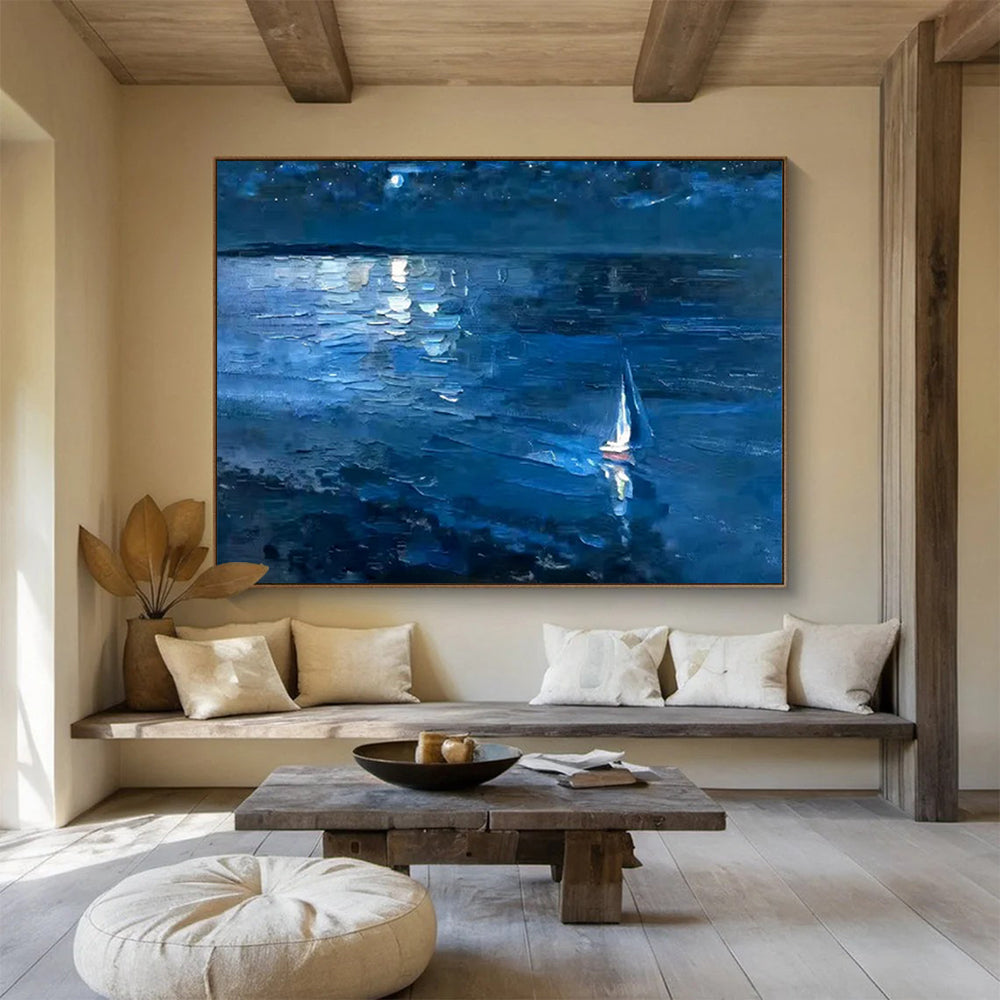 “Blue Night Sea with Sailboat” - Impressionist Seascape - Painting On Canvas PT1784