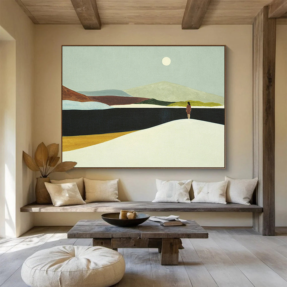 “Moonlit Lake Contemplation” - Blue, Green & Brown Landscape, Minimalist Oil Painting On Canvas DKS739