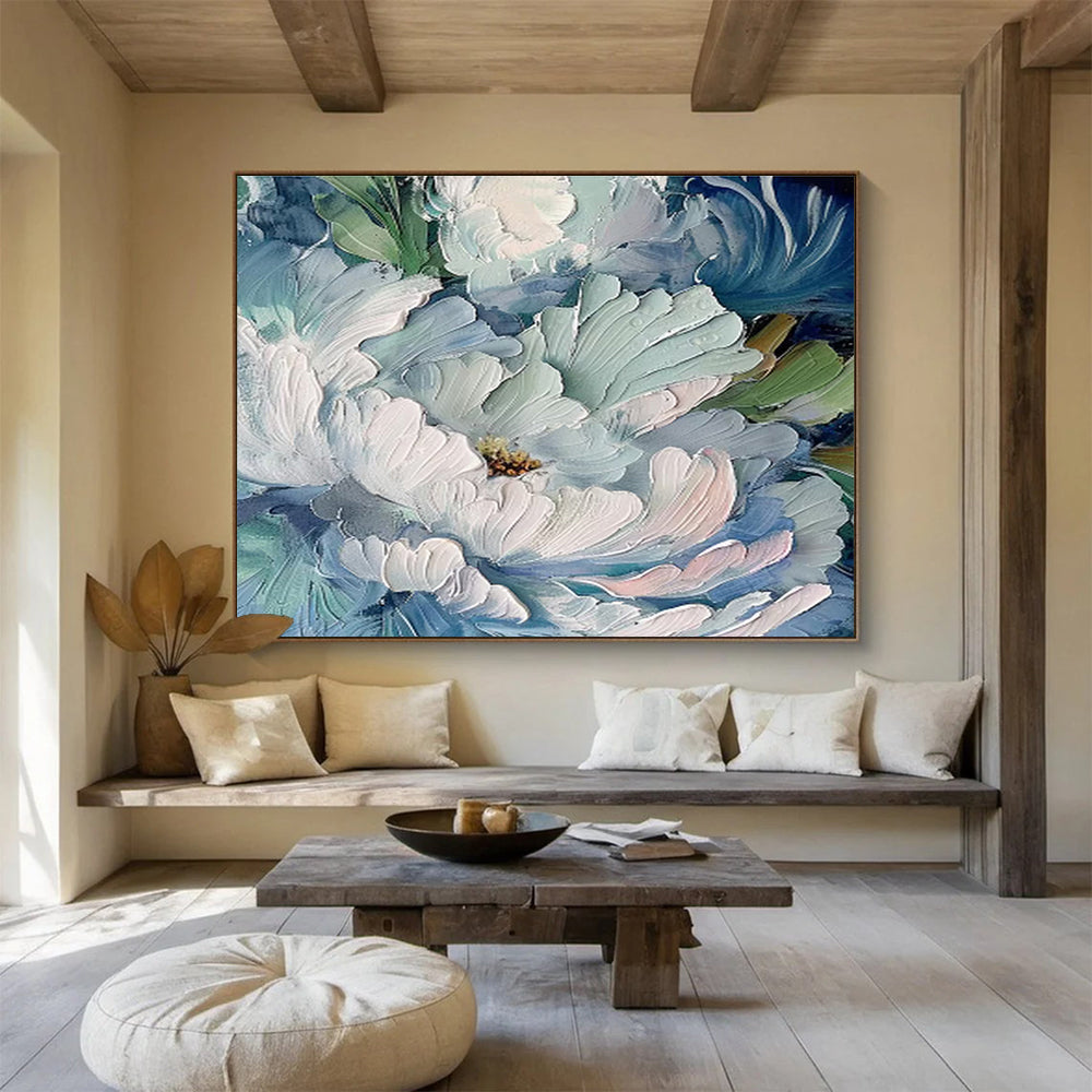 Aqua Peonies - Textured Floral Oil Painting, Ideal for Bathroom & Sunroom DKS675