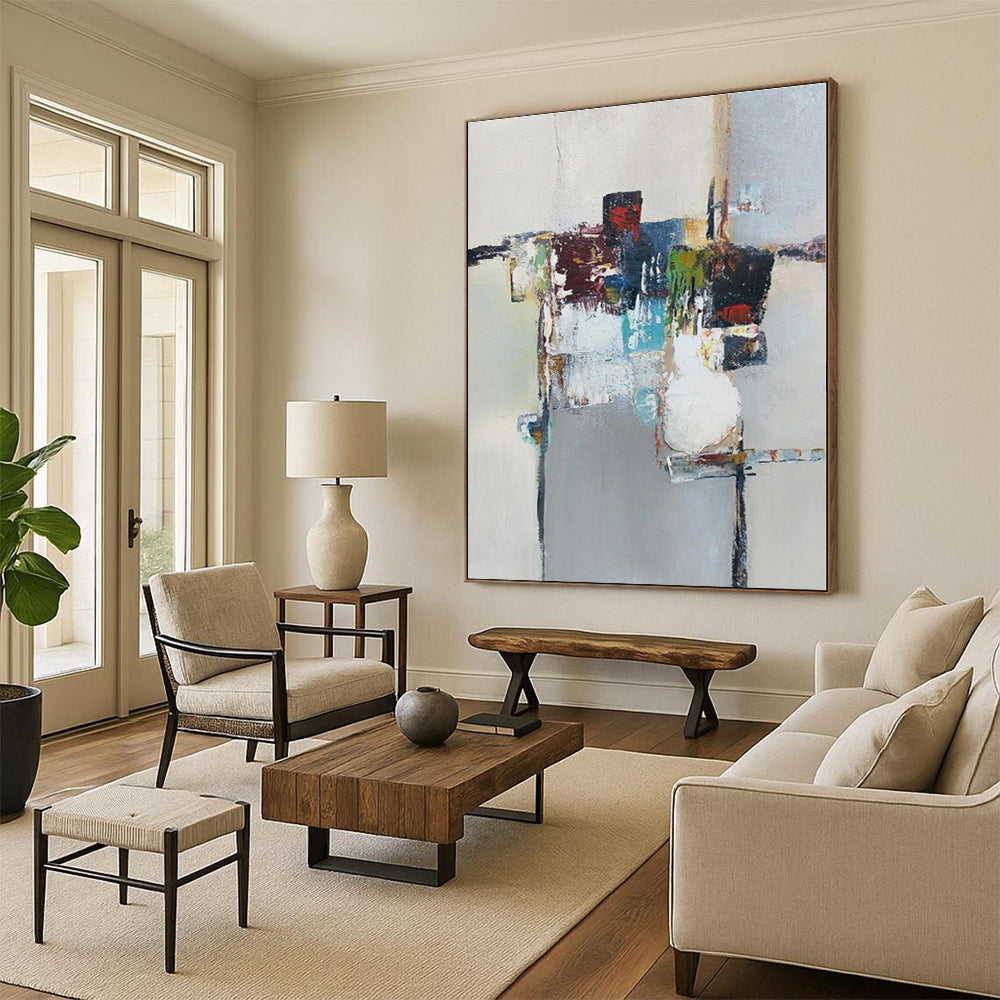 “Colorful Abstract Still Life” - Multicolor, Gray Abstract Still Life Painting On Canvas PS0588