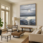 “Grey - Blue Moonlit Sea” - Impressionist Seascape Painting On Canvas PT1293