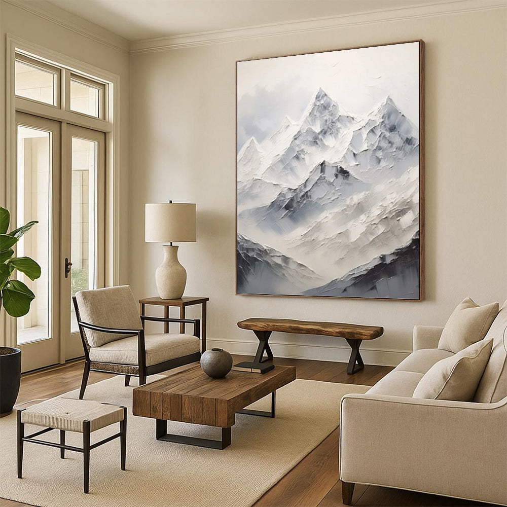 “White - Grey Mountain Abstract” - Impasto Landscape Painting On Canvas PT1248