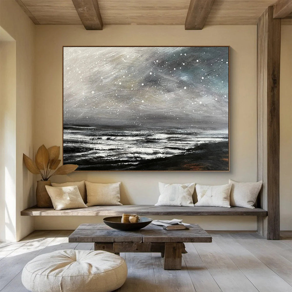 Grey Sky with Snow Over Dark Sea Seascape Painting On Canvas DKS109