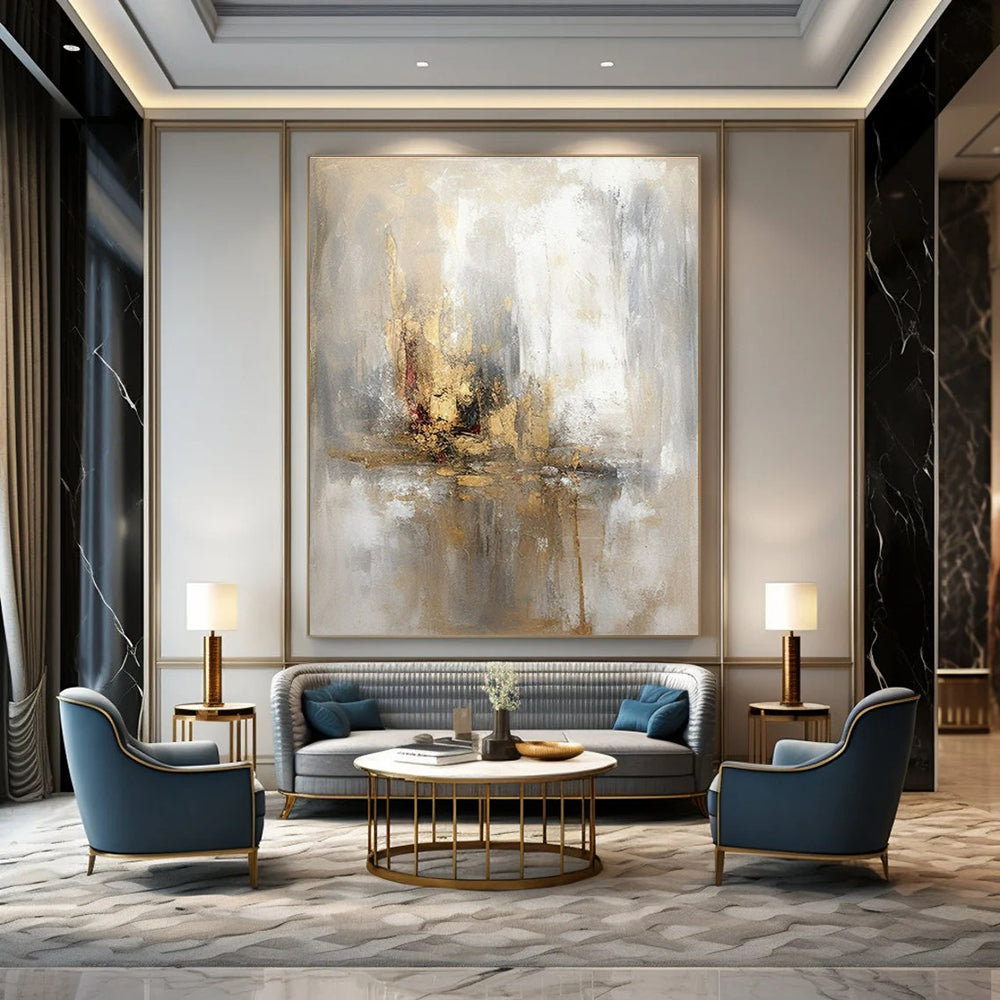 Gray, Gold, White with Muted Strokes "Elegant Haze" Abstract Painting On Canvas PS1463
