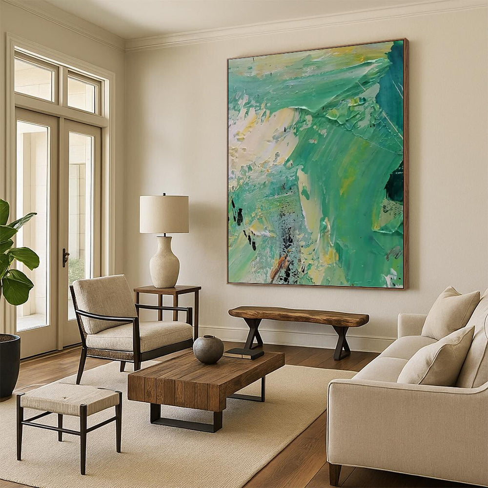 “Green - Yellow Abstract Textures” - Palette - Knife Abstract Painting On Canvas PT1270