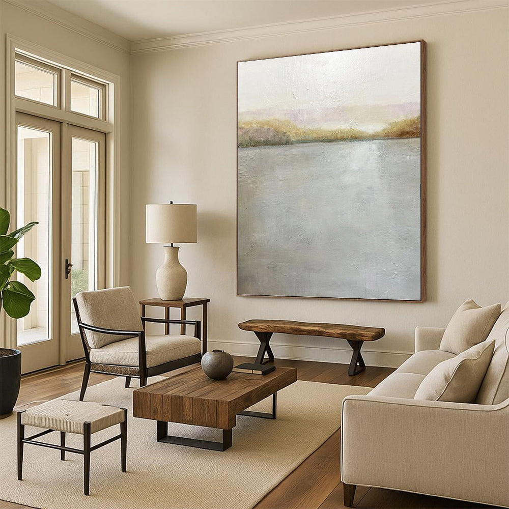 “Soft - Toned Lake Landscape” - Landscape, Pastel - Colored Painting On Canvas PT1511