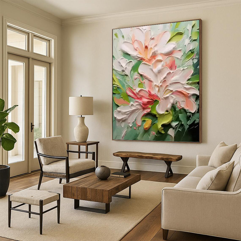 “Pink - Green Floral Impasto” - Impressionist - Inspired Floral Painting On Canvas PT1396