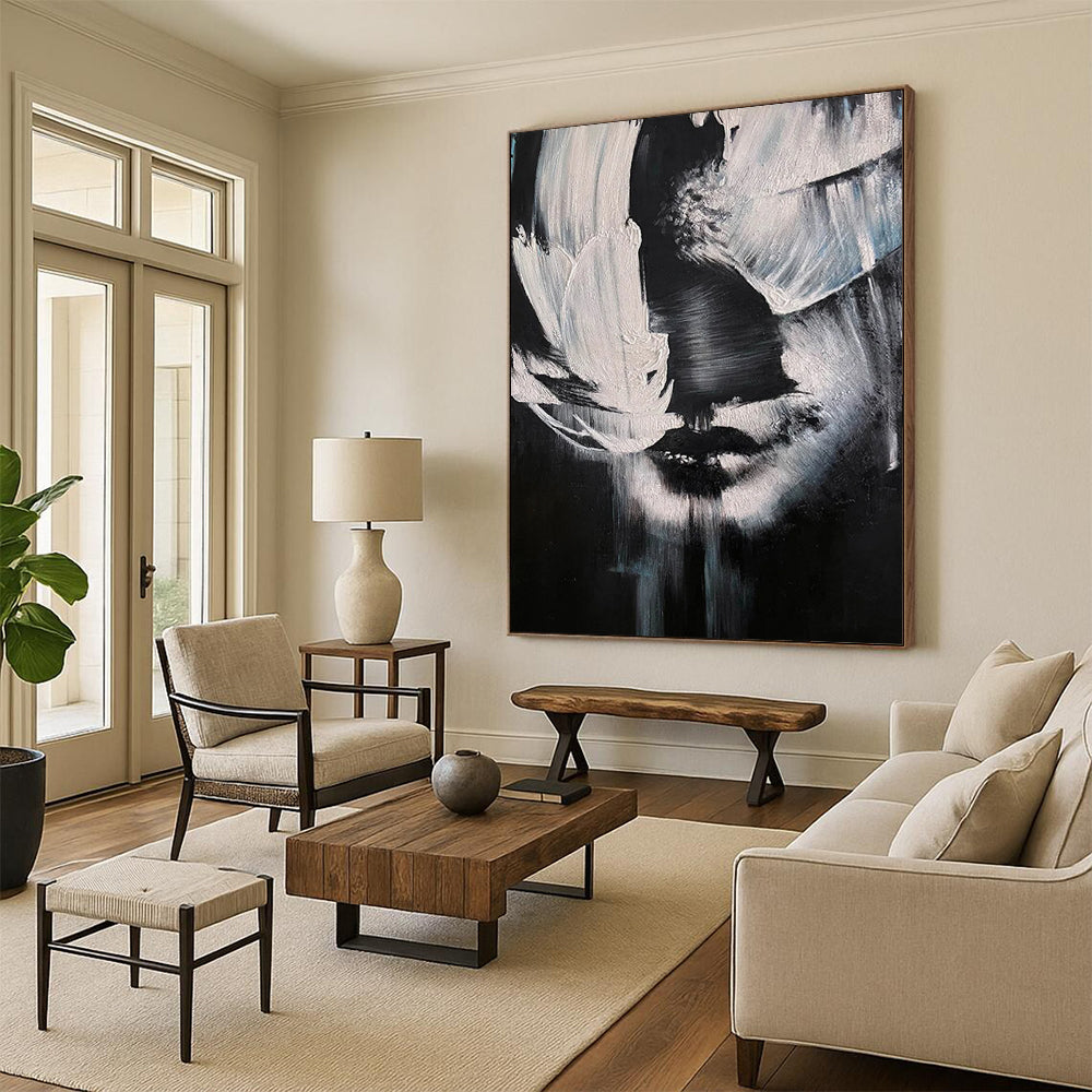 “Monochrome Abstract Face” - Black and White Figurative Painting On Canvas DS331