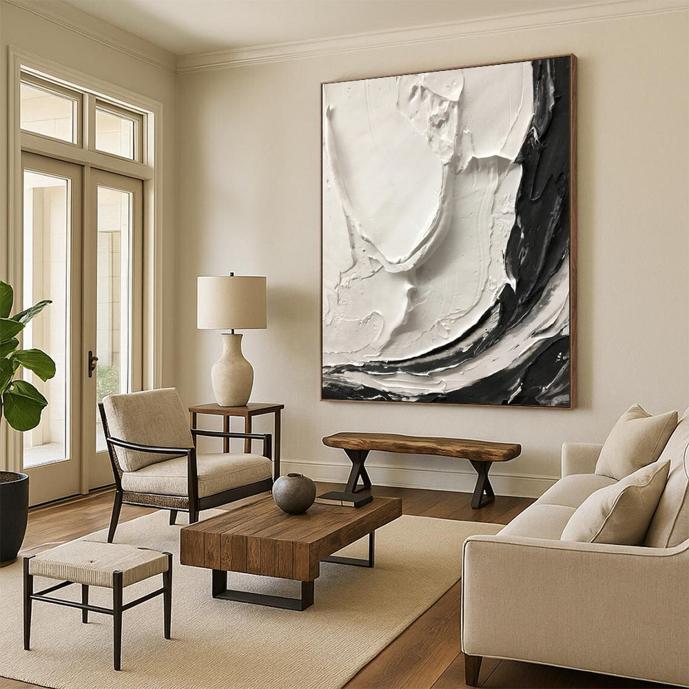 “Thick Black and White Textured Swirls” - Tactile Abstract Painting On Canvas DS387