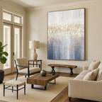 “Gold - White - Blue Abstract Forest” - Gold, White, Blue Abstract Landscape Painting On Canvas PS0592