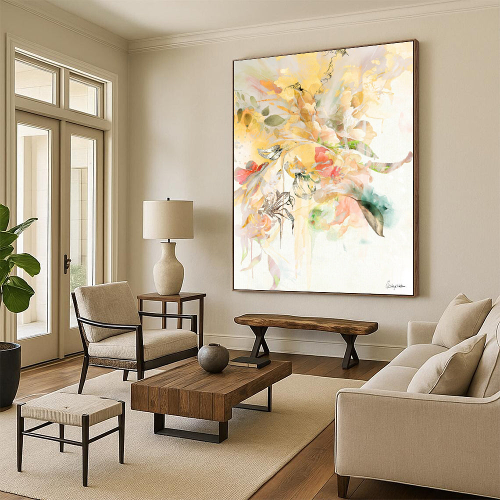 “Yellow - Pink Floral Splash” - Vibrant Floral Abstract Painting On Canvas PT1087