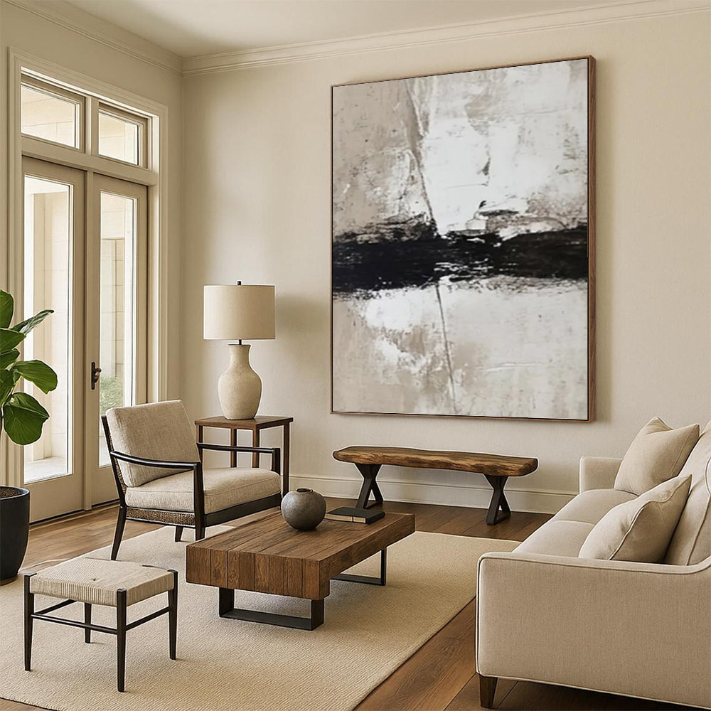 “Black, Beige and White Textured Abstract” - Minimalist Abstract Painting On Canvas PT0976