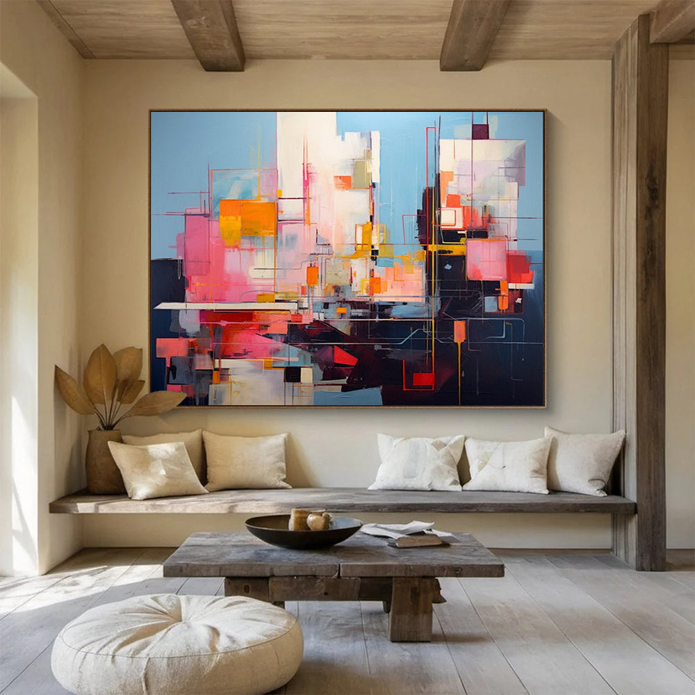 “Vibrant Geometric Abstract Cityscape in Pink, Blue & Colorful Lines” - Modern Cubist - Inspired Painting On Canvas PT020