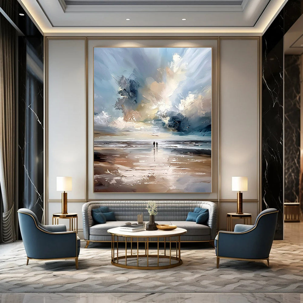 Blue, White, Gray with Beach Scene "Beach Serenity" Impressionist Painting On Canvas PS1329
