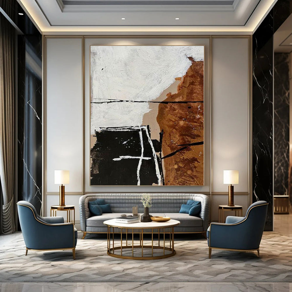 Brown, Black, White and Gold with Textured Layers "Rustic Elegance" Abstract Painting On Canvas PS1111