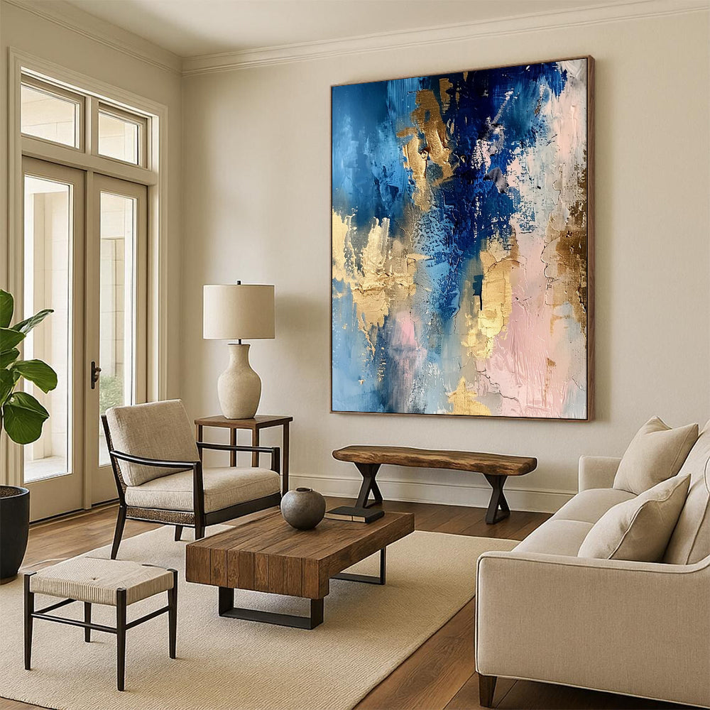 Blue - Gold - Pink Abstract Blend Textured Painting On Canvas DS072