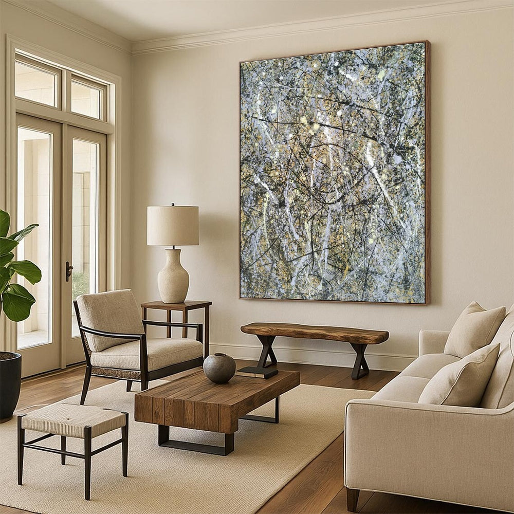 Sprawling Gray - Yellow Splatters, "Chaotic Harmony" – Action - Style Abstract On Canvas PS0905