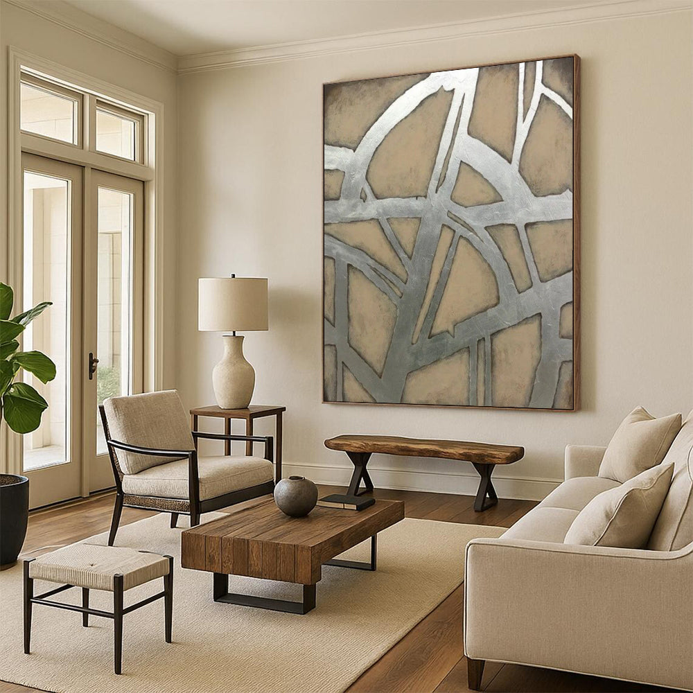 “Silver - Beige Geometric” - Modernist Abstract Painting On Canvas PT2328