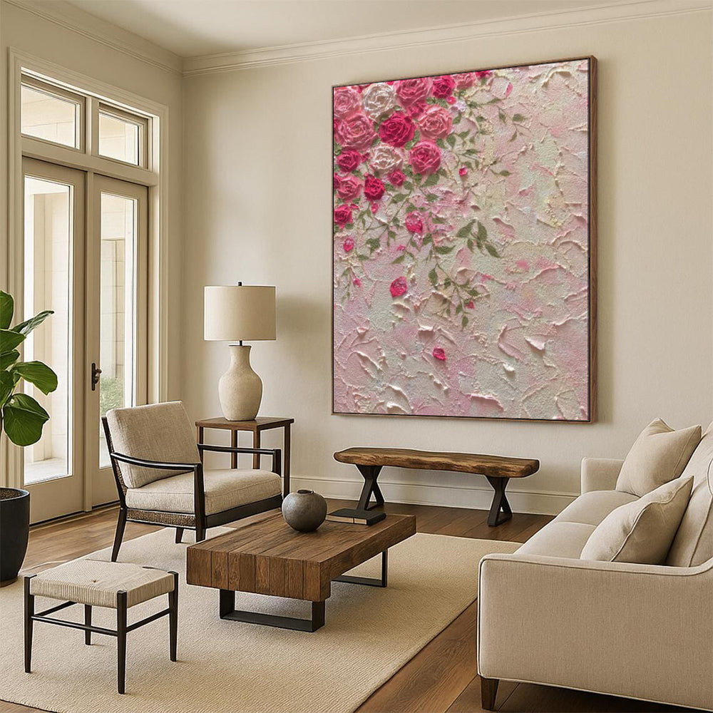 “Textured Pink Roses” - Impasto Floral Painting On Canvas PT1985