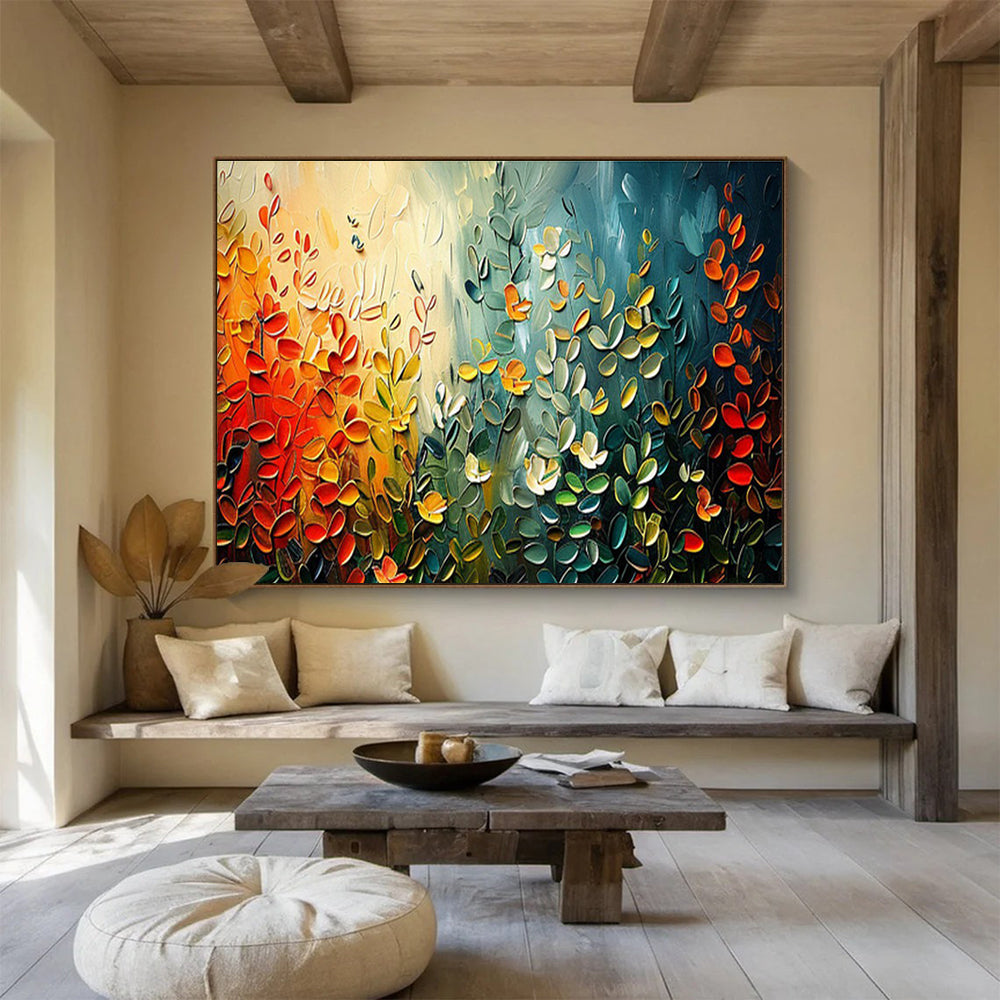 “Colorful Leaf Symphony” - Vibrant Green, Yellow & Red Textured Leaf, Impasto Nature Painting On Canvas DKS711