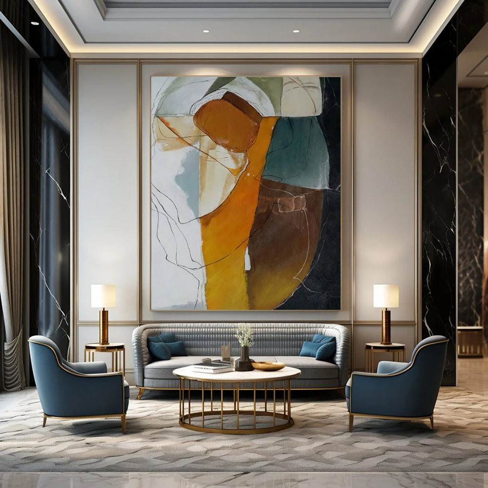 Orange, Green, Blue, White with Flowing Shapes "Colorful Fusion" Abstract Painting On Canvas PS1457