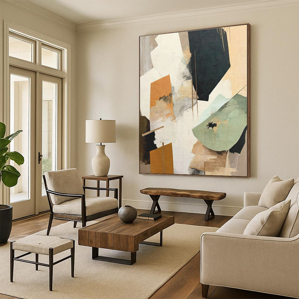 “Layered Green Abstraction” - Green, Gray, Beige Layered Abstract Painting On Canvas PS0747