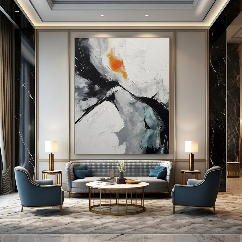 Black, White, Gray, Orange, Teal with Dynamic Strokes "Vivid Fusion" Abstract Painting On Canvas PS1464