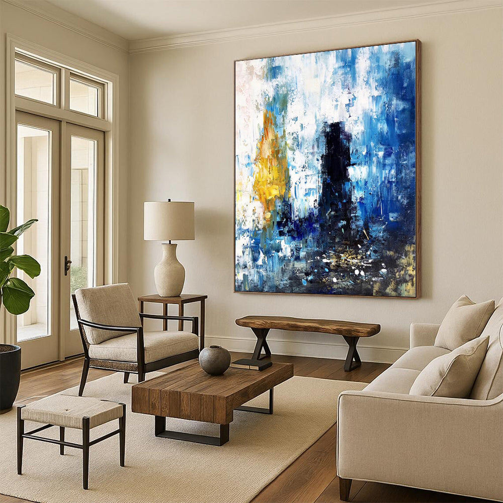 “Blue - Yellow - White Abstract Urban Energy” Painting On Canvas PS0381