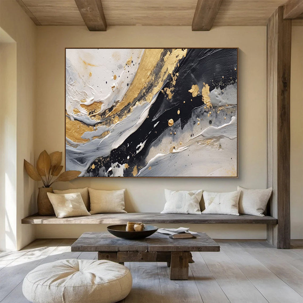 “Gold Splashes & Monochrome Waves” - Abstract Expressionist - Painting On Canvas PT1710