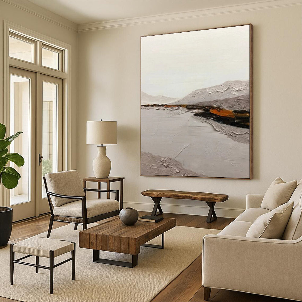 “Neutral Tones Landscape: Grey, White, and Subtle Orange” - Textured Landscape Painting On Canvas DS401