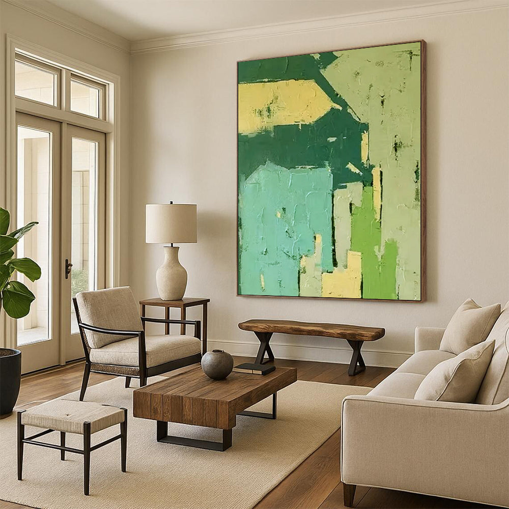 “Green and Blue Geometric Abstract” - Cubist Geometric Painting On Canvas PT2276