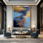 Blue and Gold Abstract Sunset - Textured Color Blends Painting On Canvas PS1234