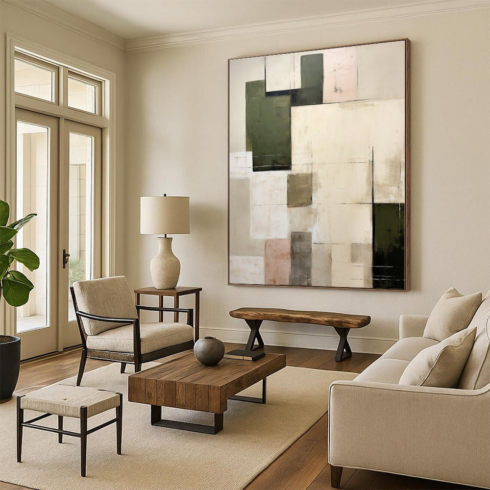 “Neutral & Green Squares” - Beige, Green Abstract Minimalist Painting On Canvas PS0395