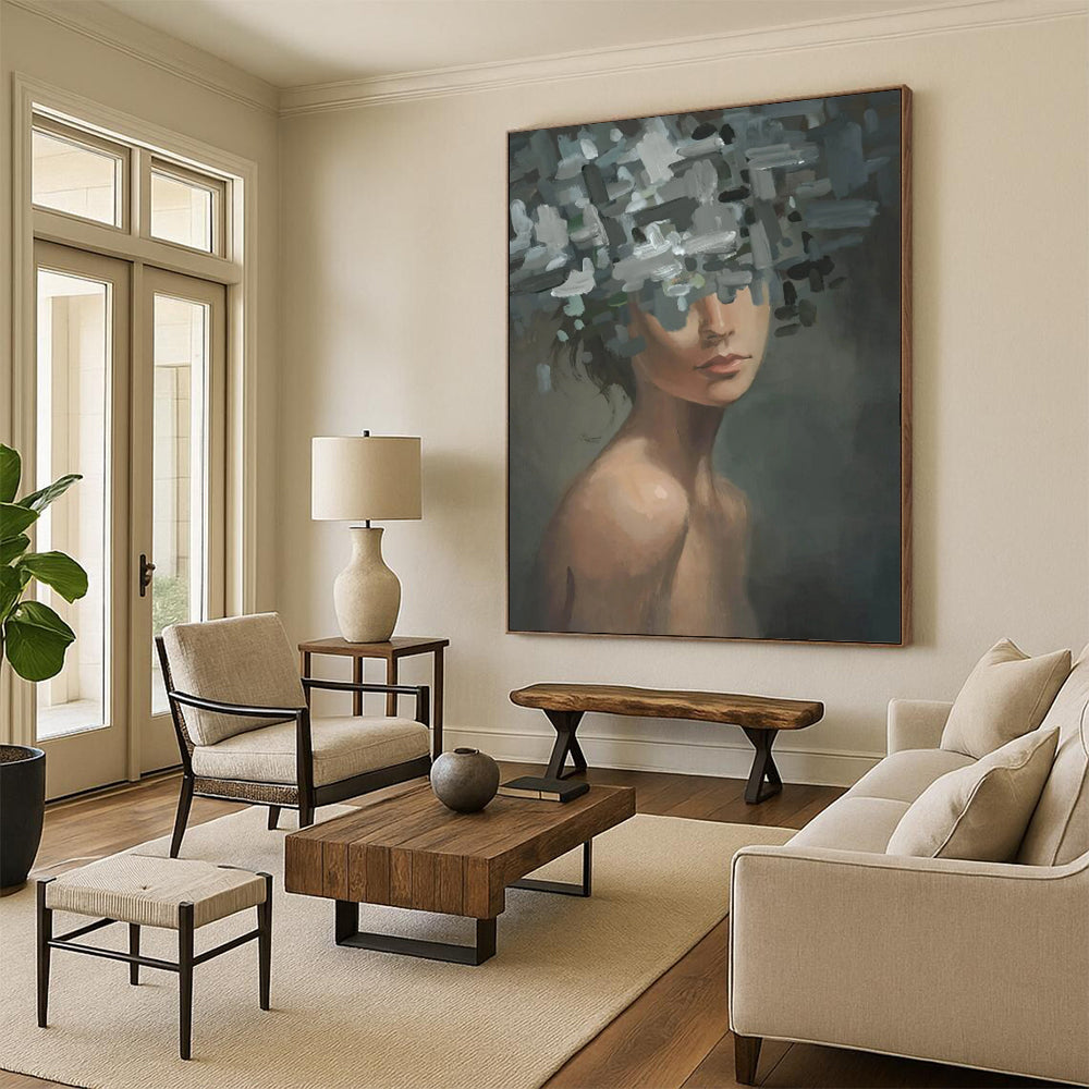 “Grey, Green, and White Fragmented Floral Head” - Abstract Figurative Painting On Canvas DS328