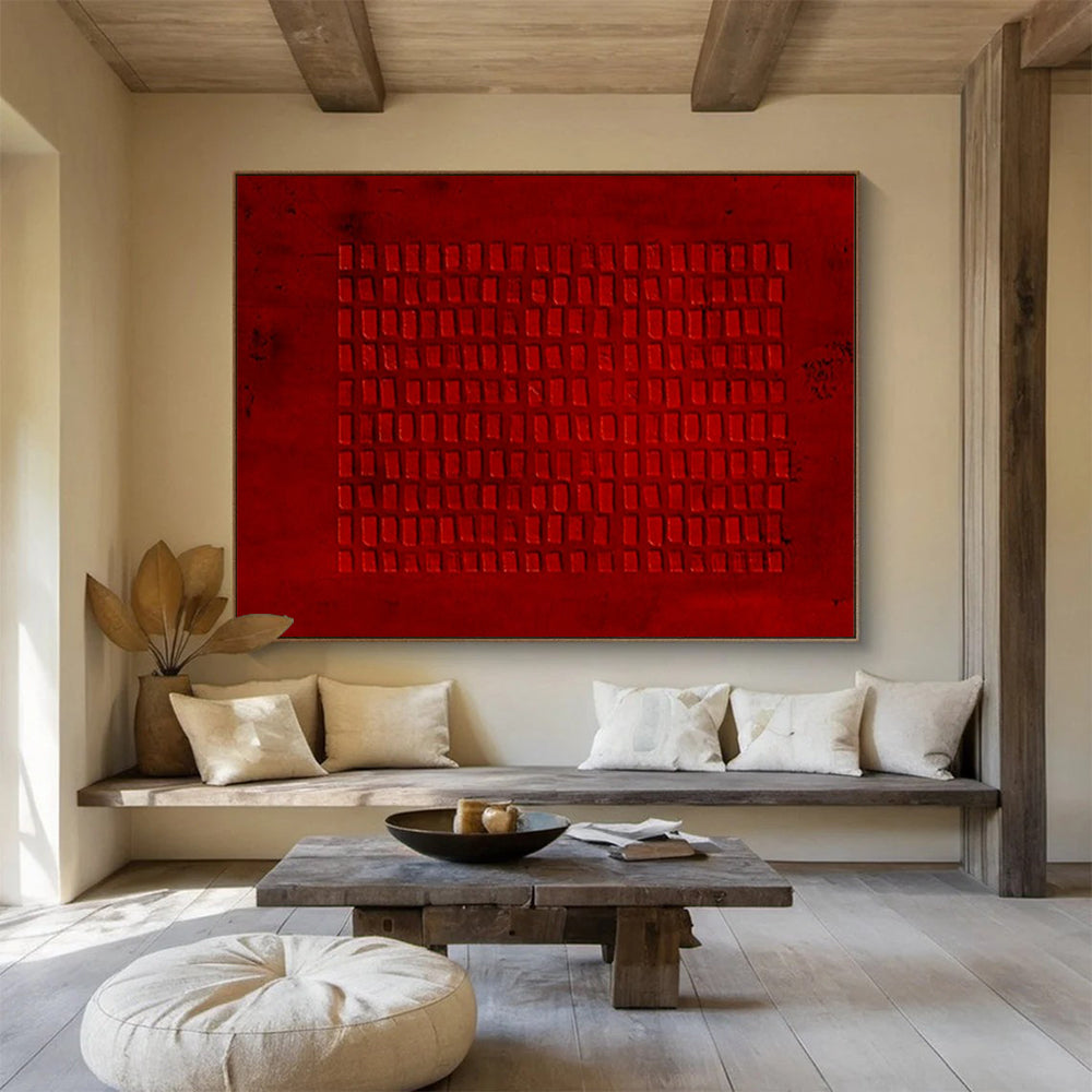 “Red Textured Grid” - Bold Red “Crimson Layers” Painting On Canvas PT1651