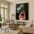 “Black, Green, and White Floral Head” - Elegant Figurative Painting On Canvas DS323