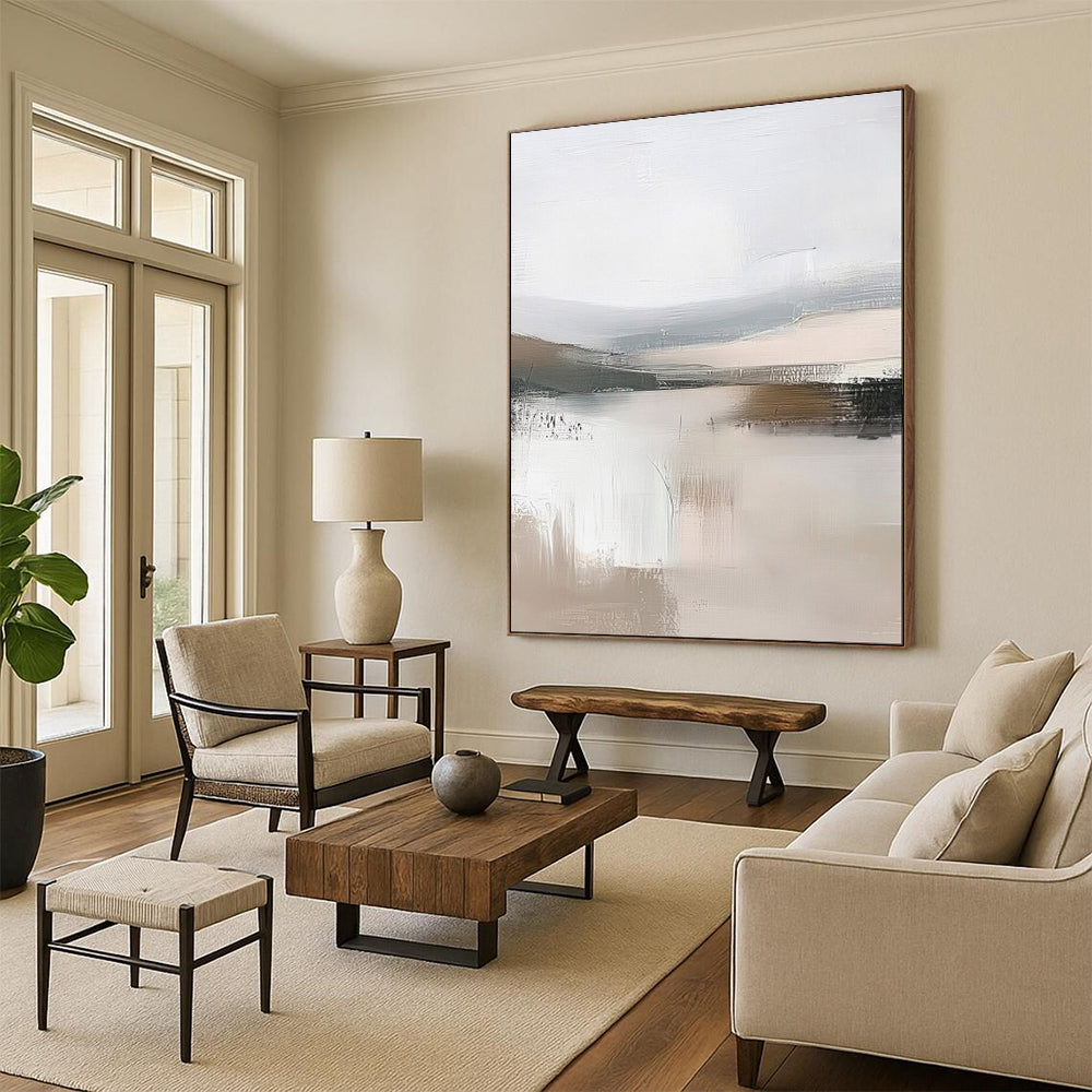 “Abstracted Mountain Lake in Beige - Gray” - Abstract Landscape Painting On Canvas PT2059