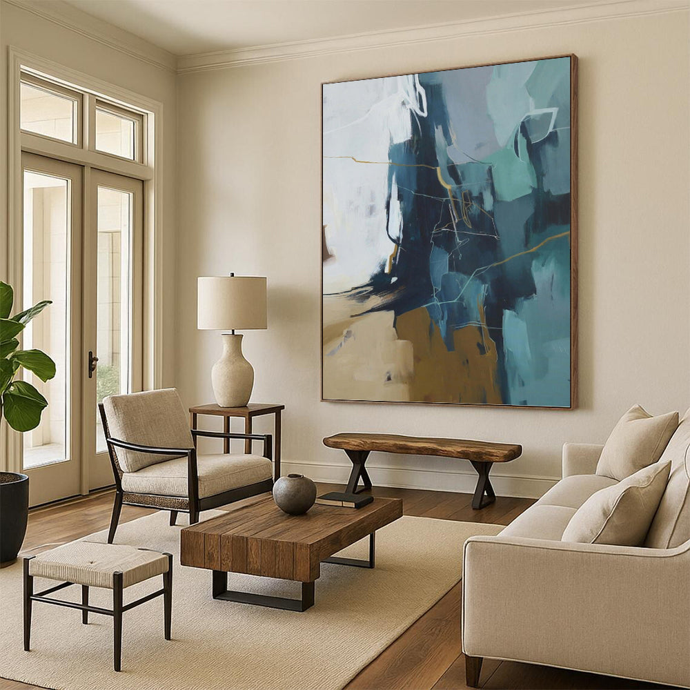 “Blue - Grey Abstract with Golden Lines” - Modern Abstract Painting On Canvas PT1016