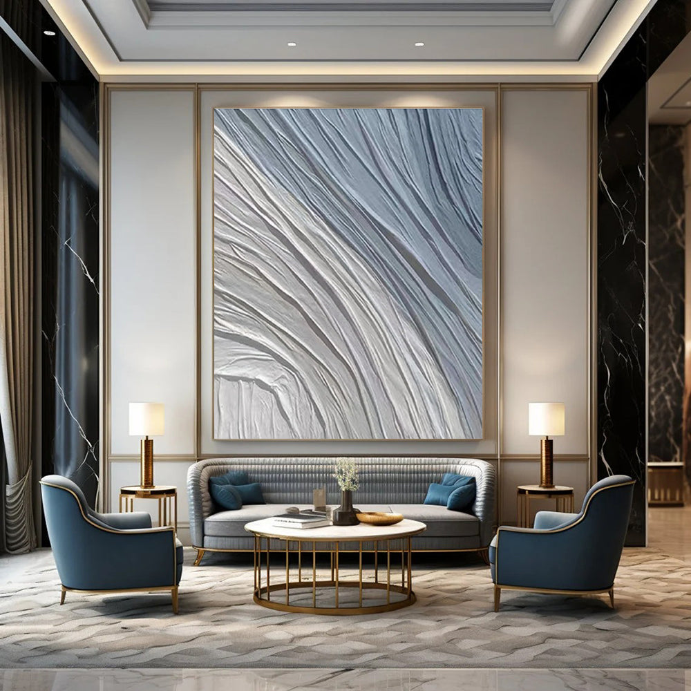 Gray, Blue with Wavy Textures "Ocean Ripple" Abstract Painting On Canvas PS1431